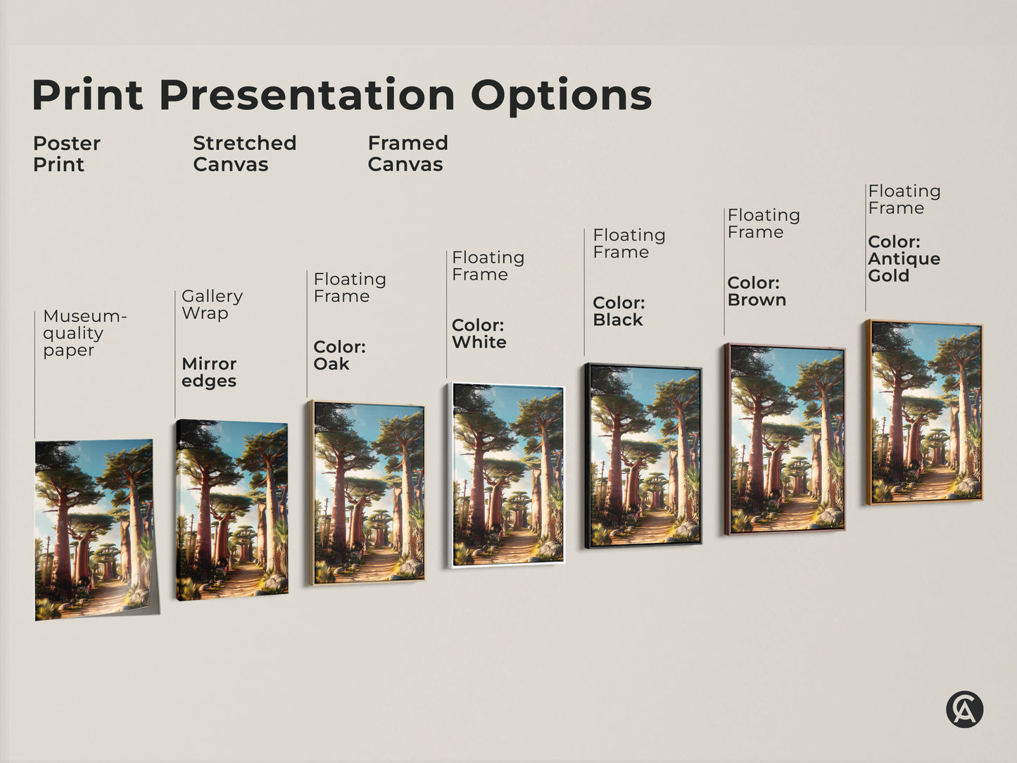 Explore print presentation options for boho baobab tree art. Choose from poster prints stretched canvas and framed canvas. Gallery wrap museum-quality paper and floating frames available. Select earthy tones African savanna landscape for nature-inspired decor.