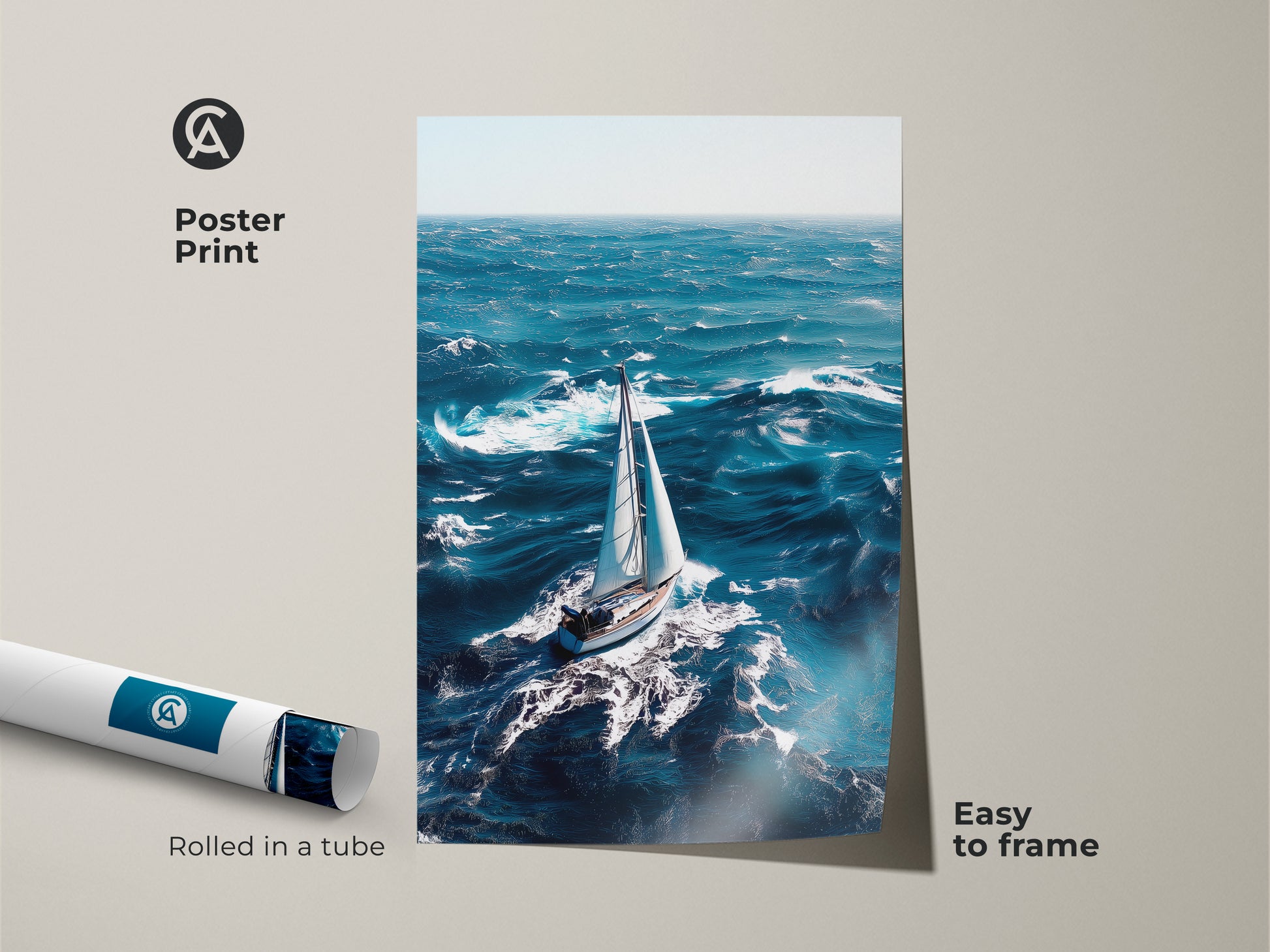 A poster print features a sailboat sailing through deep blue ocean waves. This nautical sailboat art comes rolled in a tube for easy framing. This coastal waves seascape art is ideal as marine life wall art. It is also perfect as blue seascape painting.