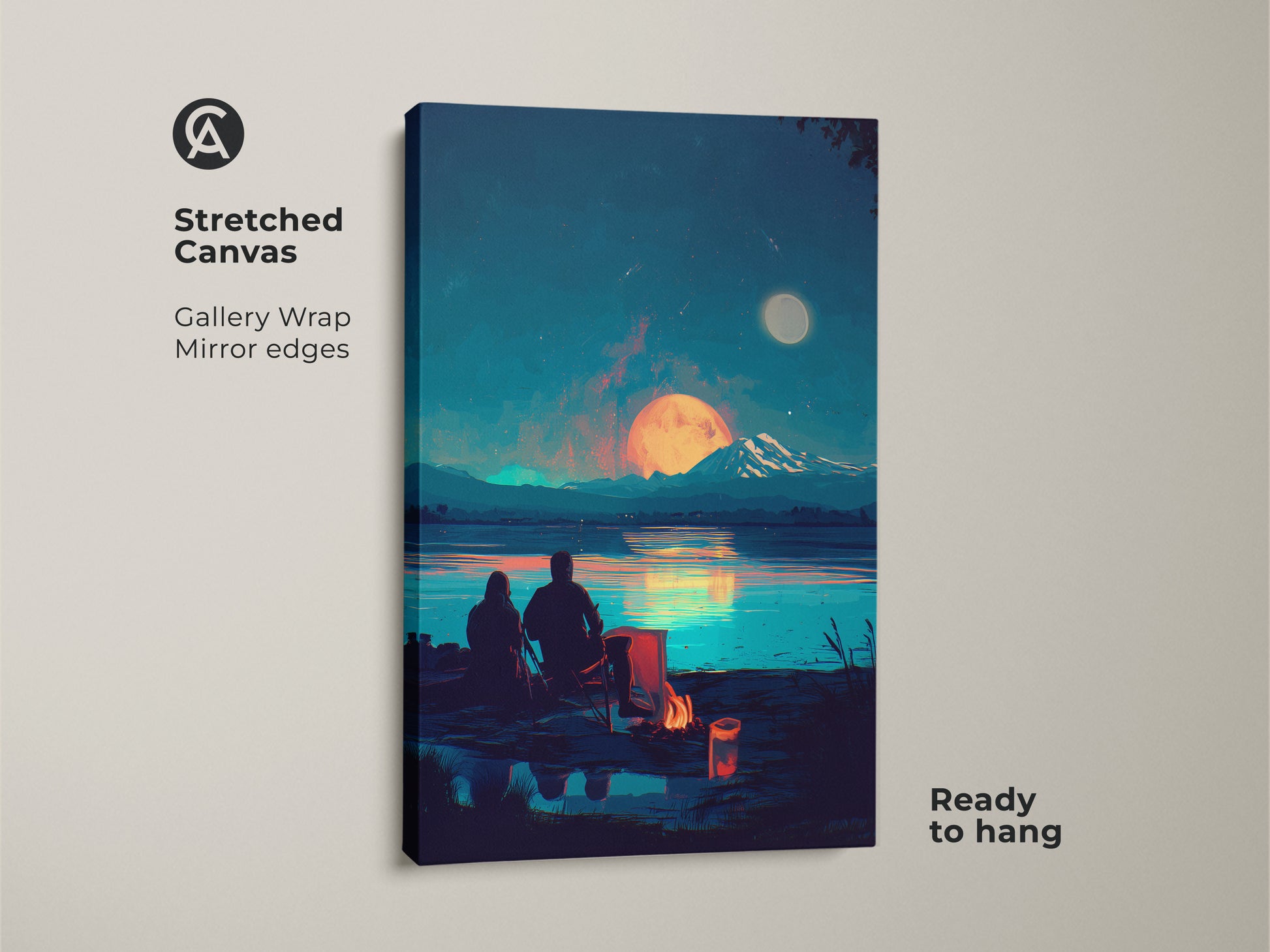 Stretched canvas of a couple by campfire art. This romantic night sky wall art has mirror edges. The lake scene canvas print is ready to hang. It is a special anniversary gift.