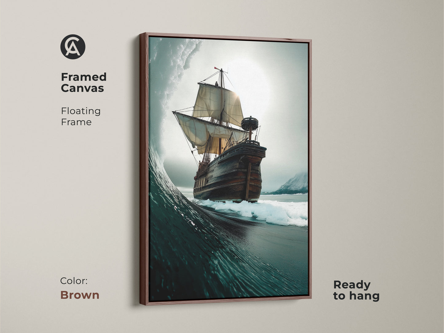Brown Framed Canvas print of a Tall Ship riding a powerful Ocean Wave. Nautical Coastal artwork perfect for any room. Its deep blue grey teal tones enhance its adventurous nautical artwork theme. Ready to hang and display!