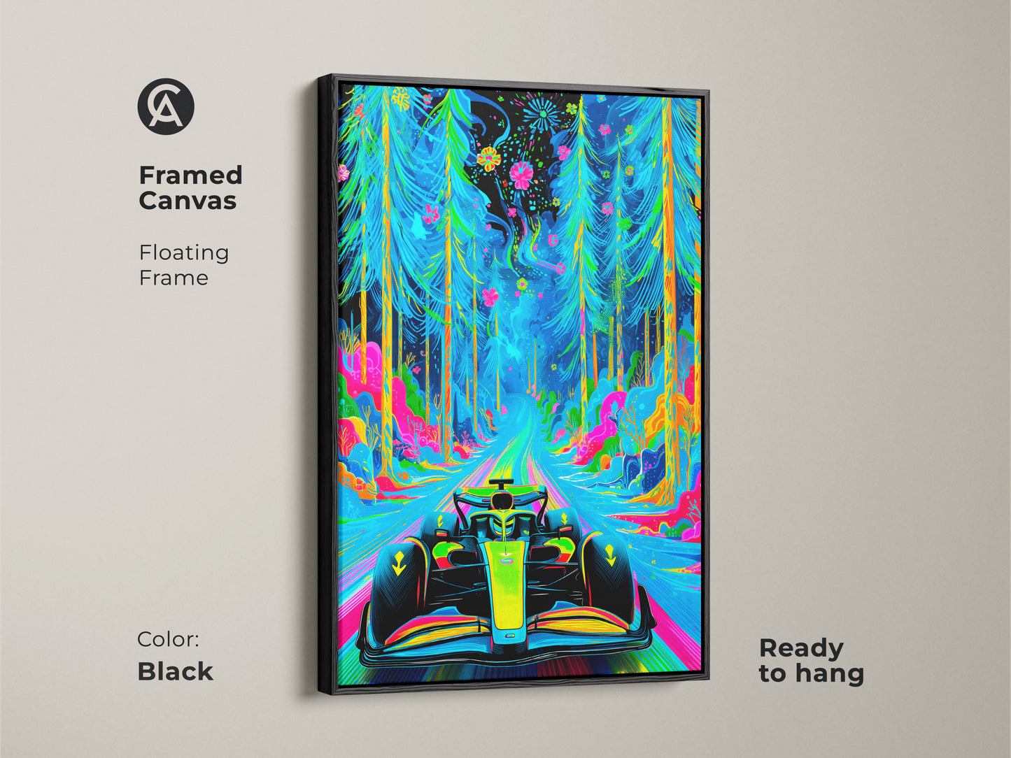 Elevate your wall with this framed canvas art print. A Formula 1 car races through a neon forest. The black floating frame enhances this vibrant artwork. It is ready to hang and enjoy. Add a touch of speed and style to your home or office.