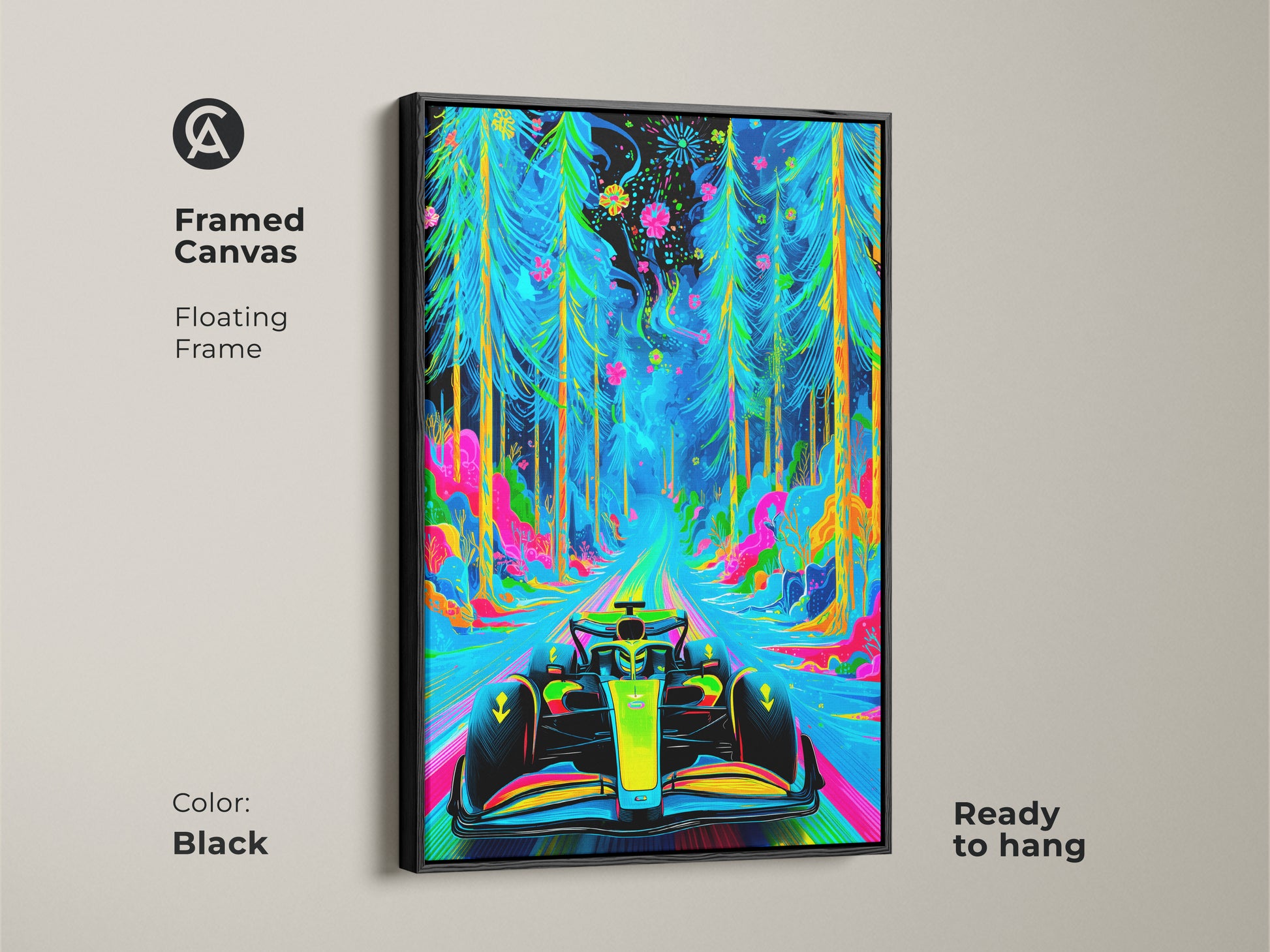 Elevate your wall with this framed canvas art print. A Formula 1 car races through a neon forest. The black floating frame enhances this vibrant artwork. It is ready to hang and enjoy. Add a touch of speed and style to your home or office.