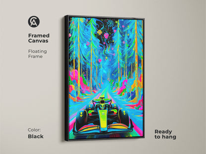 Elevate your wall with this framed canvas art print. A Formula 1 car races through a neon forest. The black floating frame enhances this vibrant artwork. It is ready to hang and enjoy. Add a touch of speed and style to your home or office.