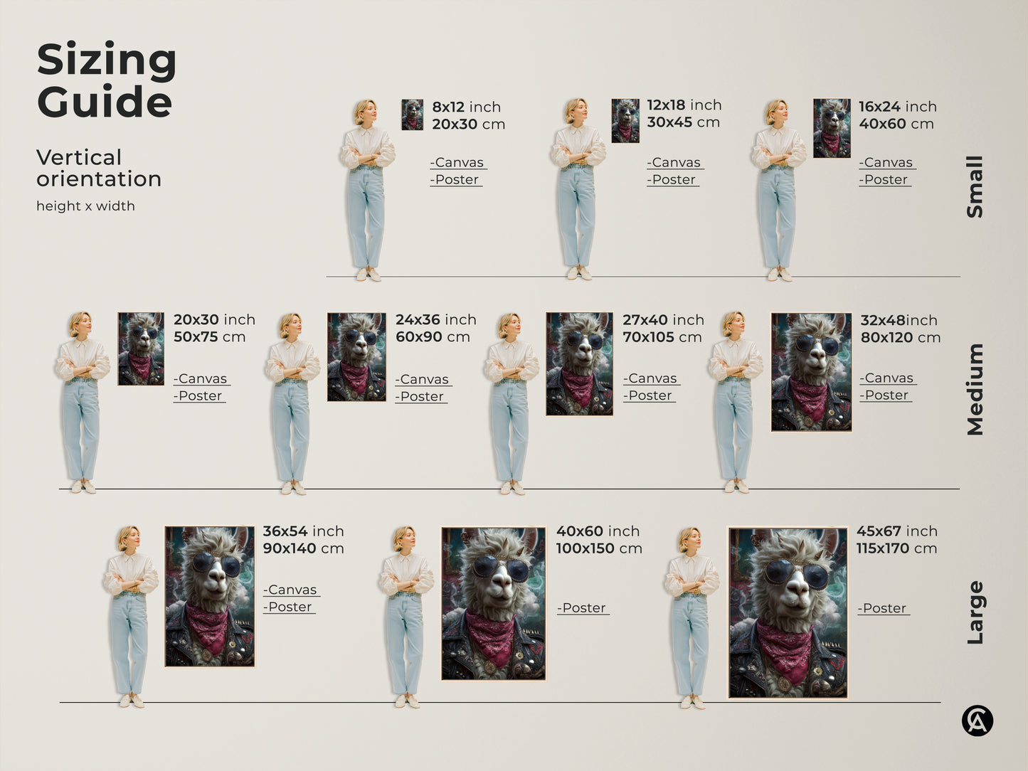 Sizing guide for vertical punk llama canvas prints. This artwork shows a llama with sunglasses and leather jacket. Available in small medium and large sizes for canvas and poster. Perfect for unique home decor or as a gift for a music lover.