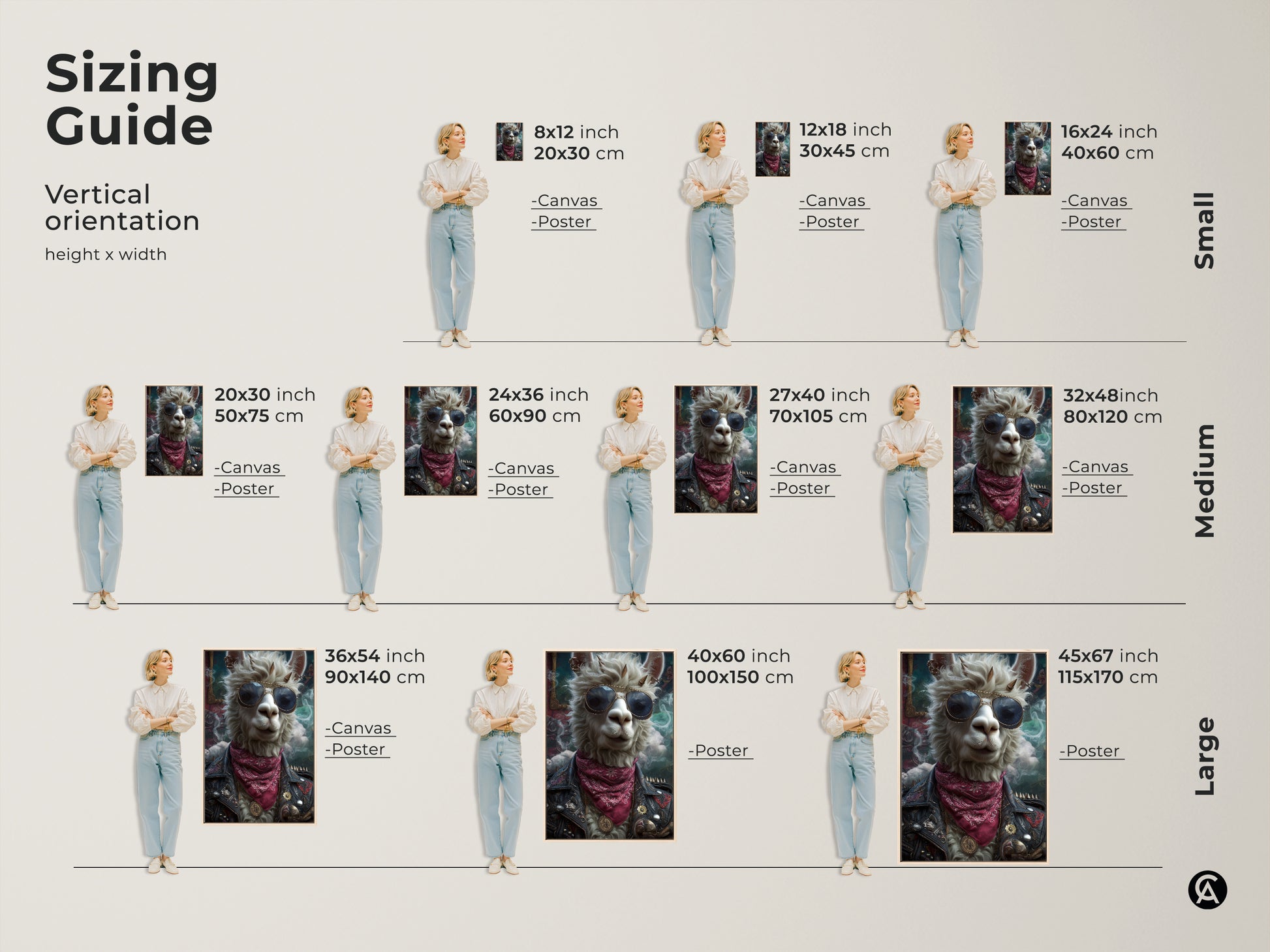 Sizing guide for vertical punk llama canvas prints. This artwork shows a llama with sunglasses and leather jacket. Available in small medium and large sizes for canvas and poster. Perfect for unique home decor or as a gift for a music lover.