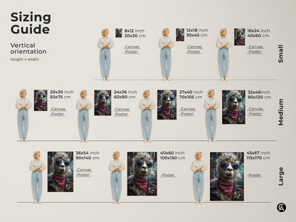Sizing guide for vertical punk llama canvas prints. This artwork shows a llama with sunglasses and leather jacket. Available in small medium and large sizes for canvas and poster. Perfect for unique home decor or as a gift for a music lover.