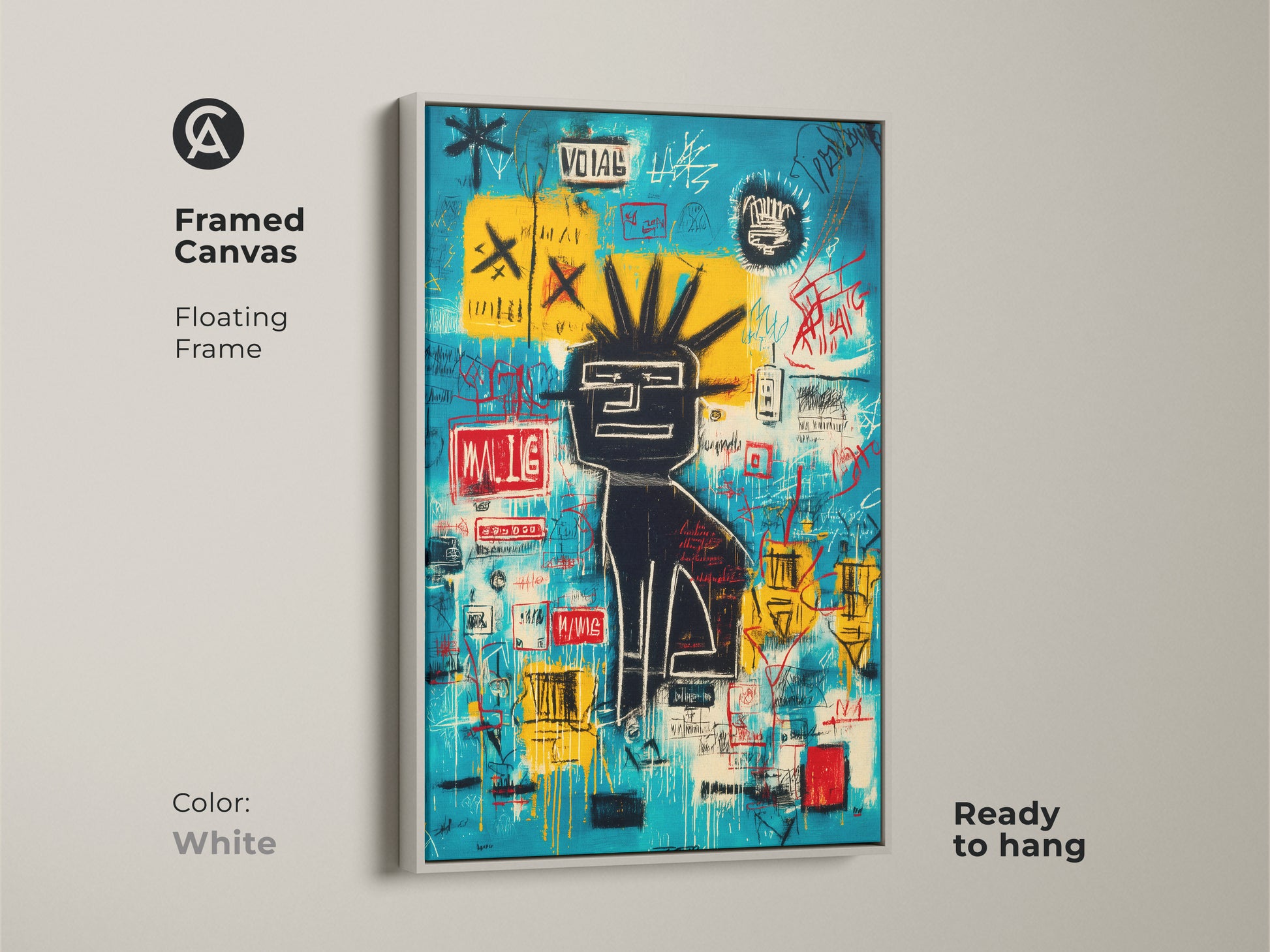 Modern canvas art with a Basquiat-style graffiti piece. The floating white frame offers a clean contemporary look. Ready to hang this framed art enhances any space. Discover unique artwork for your home.