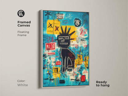 Modern canvas art with a Basquiat-style graffiti piece. The floating white frame offers a clean contemporary look. Ready to hang this framed art enhances any space. Discover unique artwork for your home.