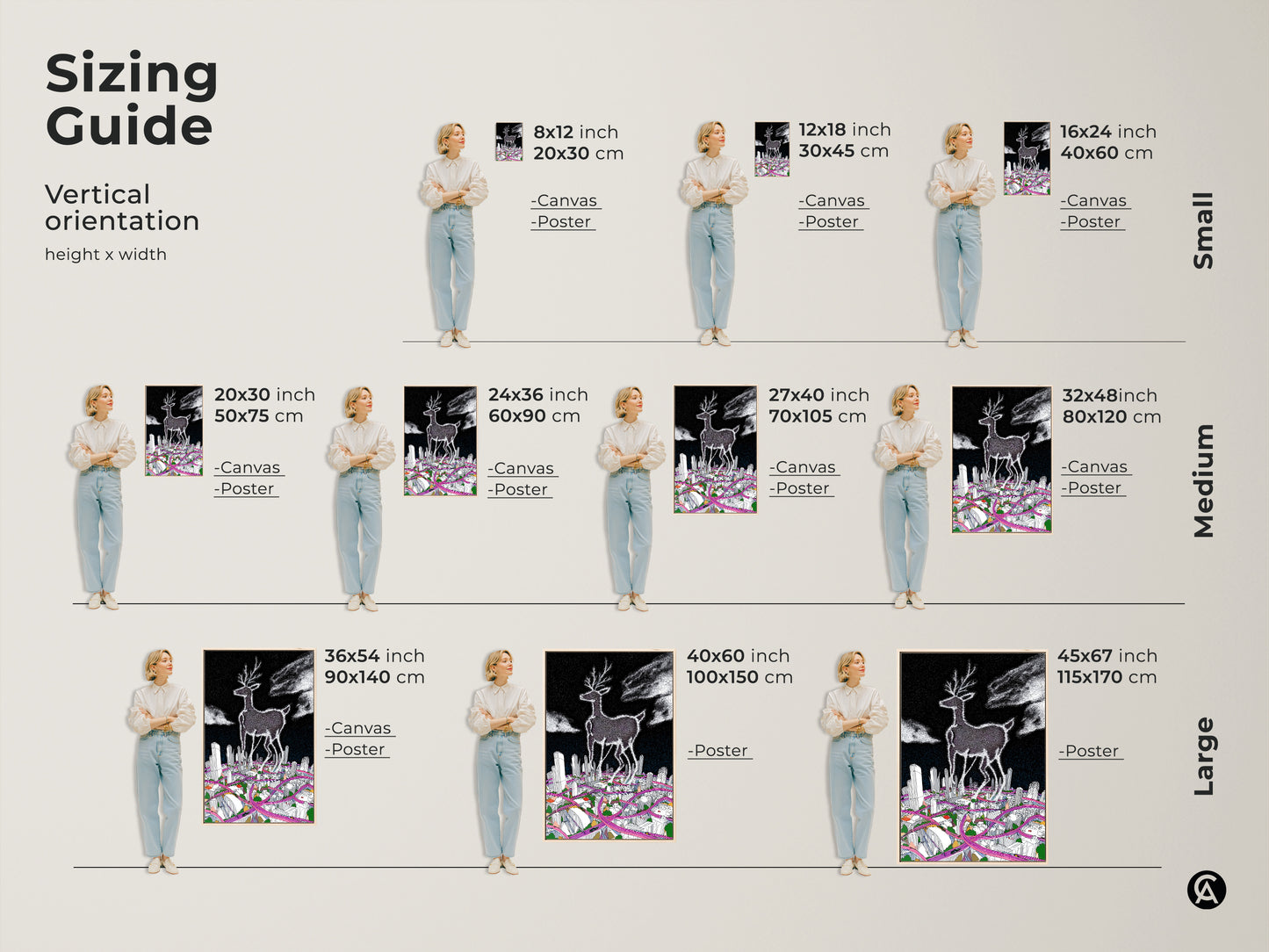 Sizing guide for vertical surreal deer cityscape art prints. Available as canvas or poster in sizes from small to large. The sizes range from 8x12 to 45x67 inches. This offers options for any space or decor style.