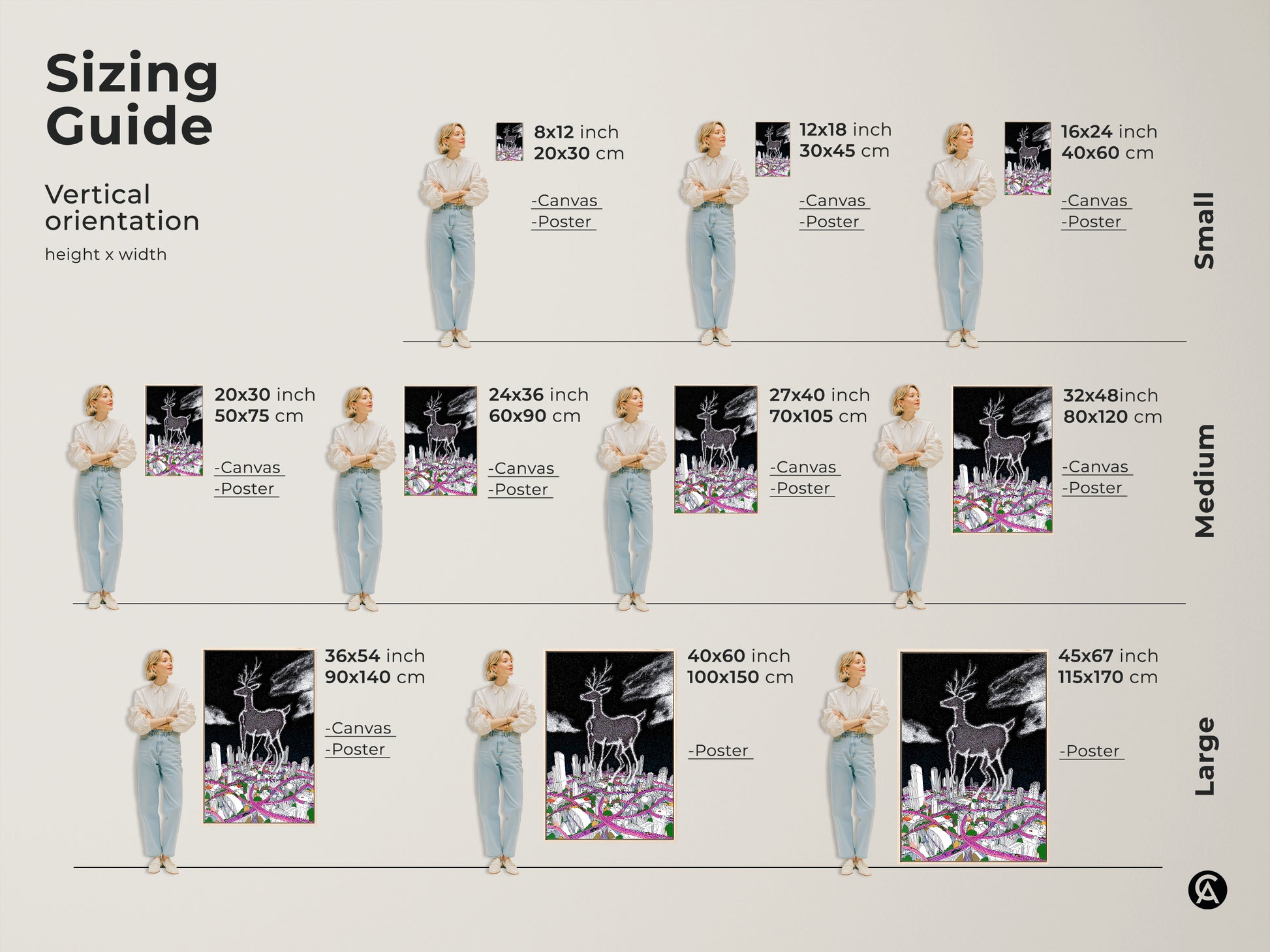 Sizing guide for vertical surreal deer cityscape art prints. Available as canvas or poster in sizes from small to large. The sizes range from 8x12 to 45x67 inches. This offers options for any space or decor style.