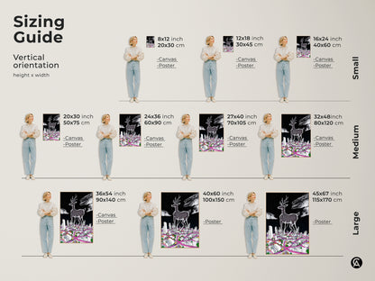 Sizing guide for vertical surreal deer cityscape art prints. Available as canvas or poster in sizes from small to large. The sizes range from 8x12 to 45x67 inches. This offers options for any space or decor style.