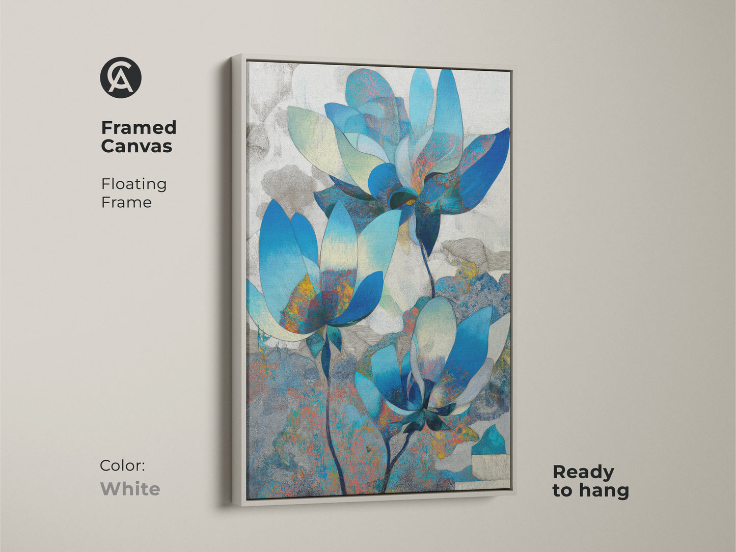 White framed canvas featuring a floating frame with abstract teal magnolia artwork. Ready to hang this contemporary botanical print adds a modern touch. Perfect for plant lovers.