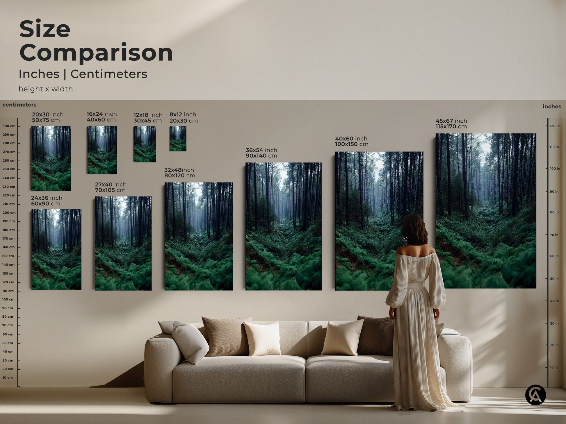 Size comparison of Misty Forest Fern artwork. See how the canvas sizes look above a sofa. Available in multiple sizes to fit your home decor needs. Perfect nature inspired art.