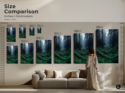 Size comparison of Misty Forest Fern artwork. See how the canvas sizes look above a sofa. Available in multiple sizes to fit your home decor needs. Perfect nature inspired art.
