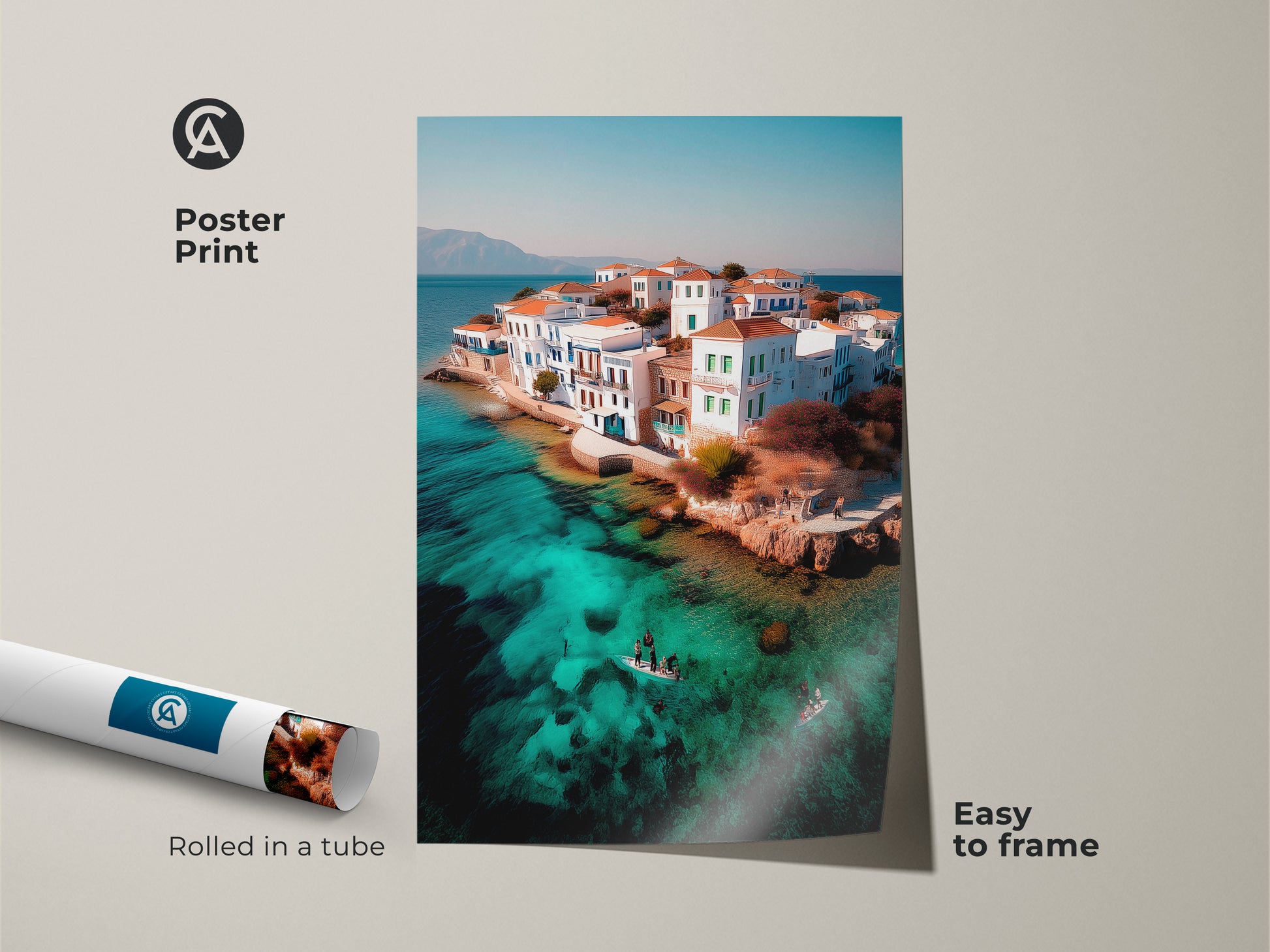 Poster print featuring an aerial view of an island village. The turquoise water seascape artwork is easy to frame. This coastal Mediterranean wall art is rolled in a tube. It showcases a vibrant paddleboarding scene making it a unique travel-inspired gift.