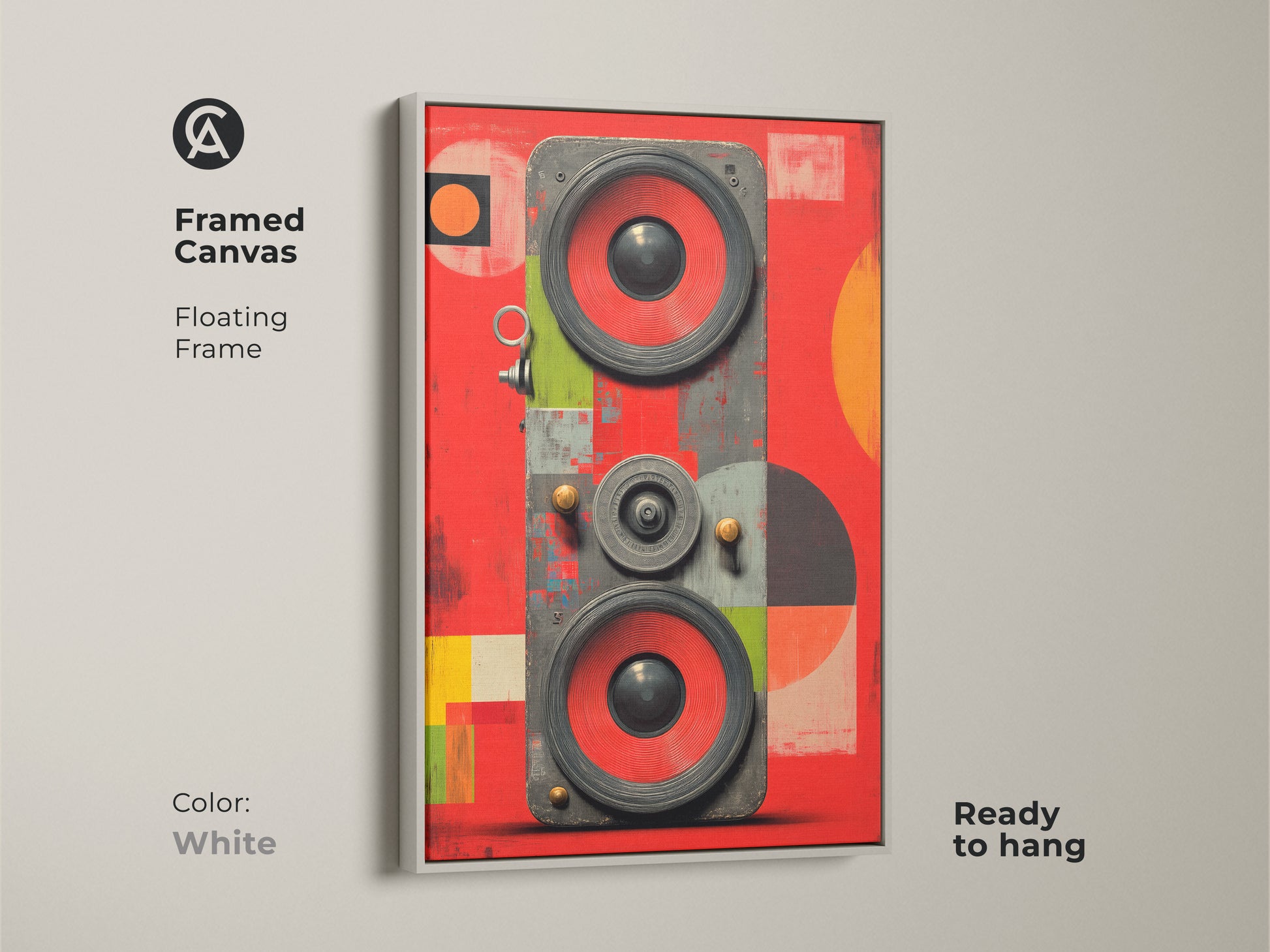 This white framed canvas presents retro speaker artwork. The abstract geometric sound waves create a clean modern look. This pop art music wall decor is ready to hang and suits various interior styles.