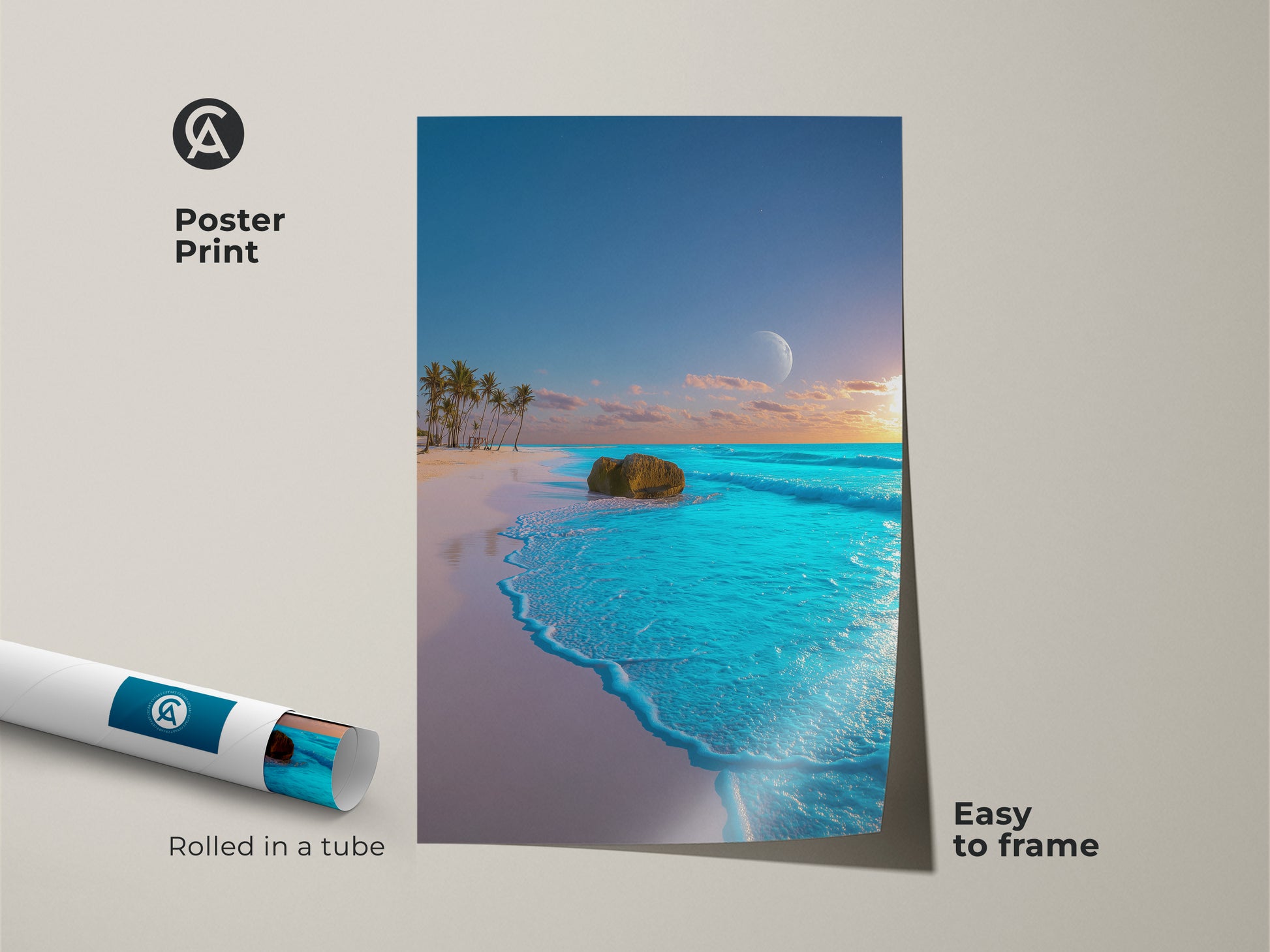 Poster Print of Tropical Beach Canvas Art. Ocean Landscape Wall Art featuring palm trees and a moon. Coastal Home Decor Art in Aqua Blue Teal. Easy to frame. Rolled in a tube.