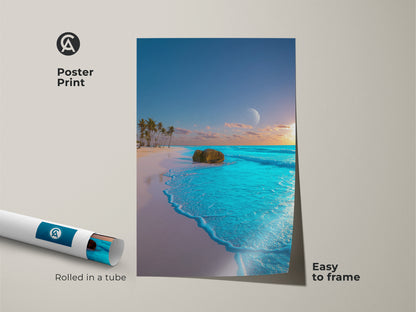 Poster Print of Tropical Beach Canvas Art. Ocean Landscape Wall Art featuring palm trees and a moon. Coastal Home Decor Art in Aqua Blue Teal. Easy to frame. Rolled in a tube.