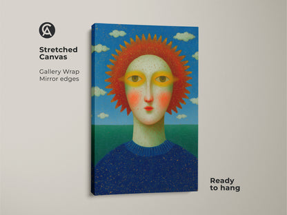 Close-up of a surreal sun face art print. The modern folk artwork wall hanging shows off eclectic blue red and green colors. The texture of the canvas is visible. This is perfect wall art a birthday gift for art lovers.