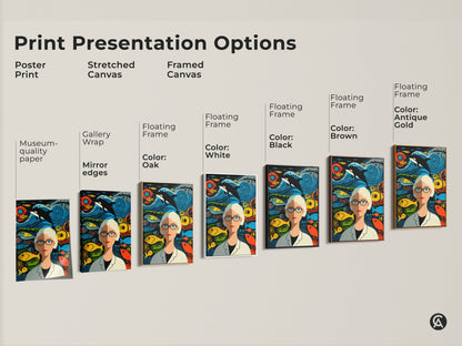 Explore print presentation options. Choose from poster prints stretched canvas or framed canvas. All featuring unique marine biologist and orca whale artwork. Find the perfect fit for your eclectic teal orange and blue home decor.