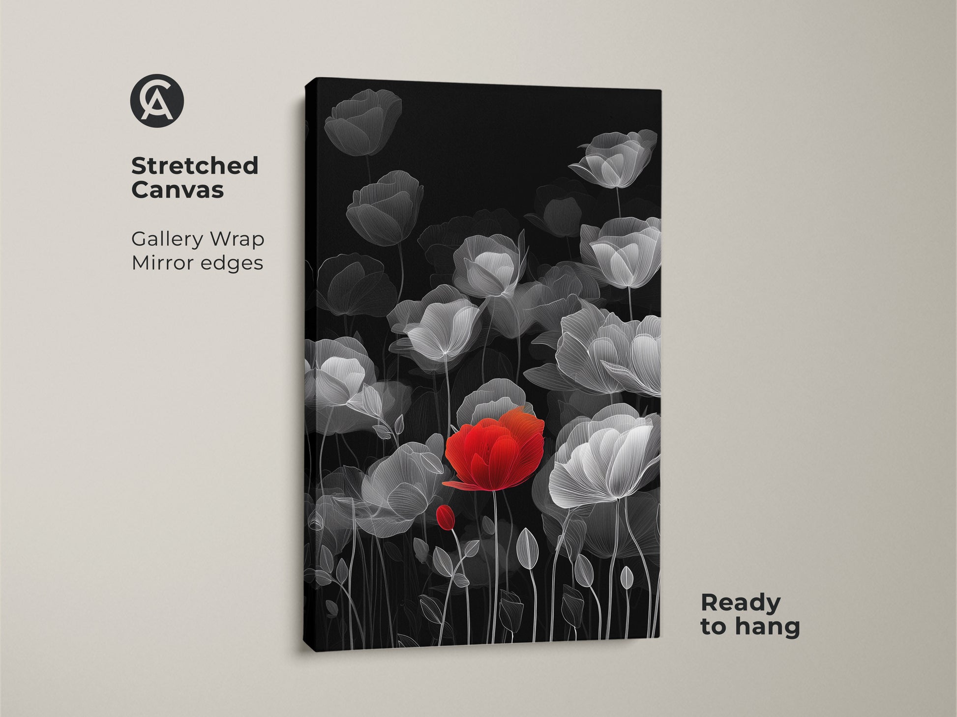 Stretched Canvas featuring minimalist floral wall art. The red poppy stands out against the black background. This botanical print is ready to hang with gallery wrapped mirror edges. It's a modern black and white flower art piece. This abstract poppy canvas print is ideal for bedroom decor. A delicate flower wall decor that enhances any space.