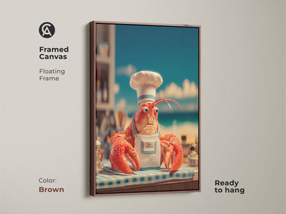 Brown framed canvas art print of a lobster chef. This floating frame is ready to hang and adds a warm touch to your space. The humorous artwork is perfect for adding personality to your home. A unique art piece for seafood enthusiasts. Buy now!