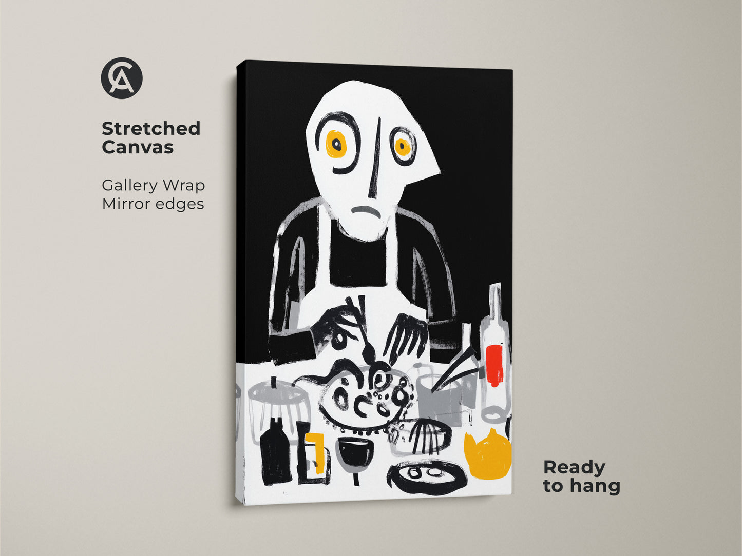 A stretched canvas shows abstract chef wall art. Gallery wrapped with mirror edges. The artwork features a surreal cooking scene. An eclectic kitchen decor piece in black white and yellow. Bold brushstrokes on canvas ready to hang.