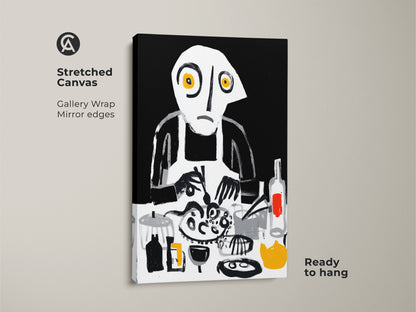 A stretched canvas shows abstract chef wall art. Gallery wrapped with mirror edges. The artwork features a surreal cooking scene. An eclectic kitchen decor piece in black white and yellow. Bold brushstrokes on canvas ready to hang.