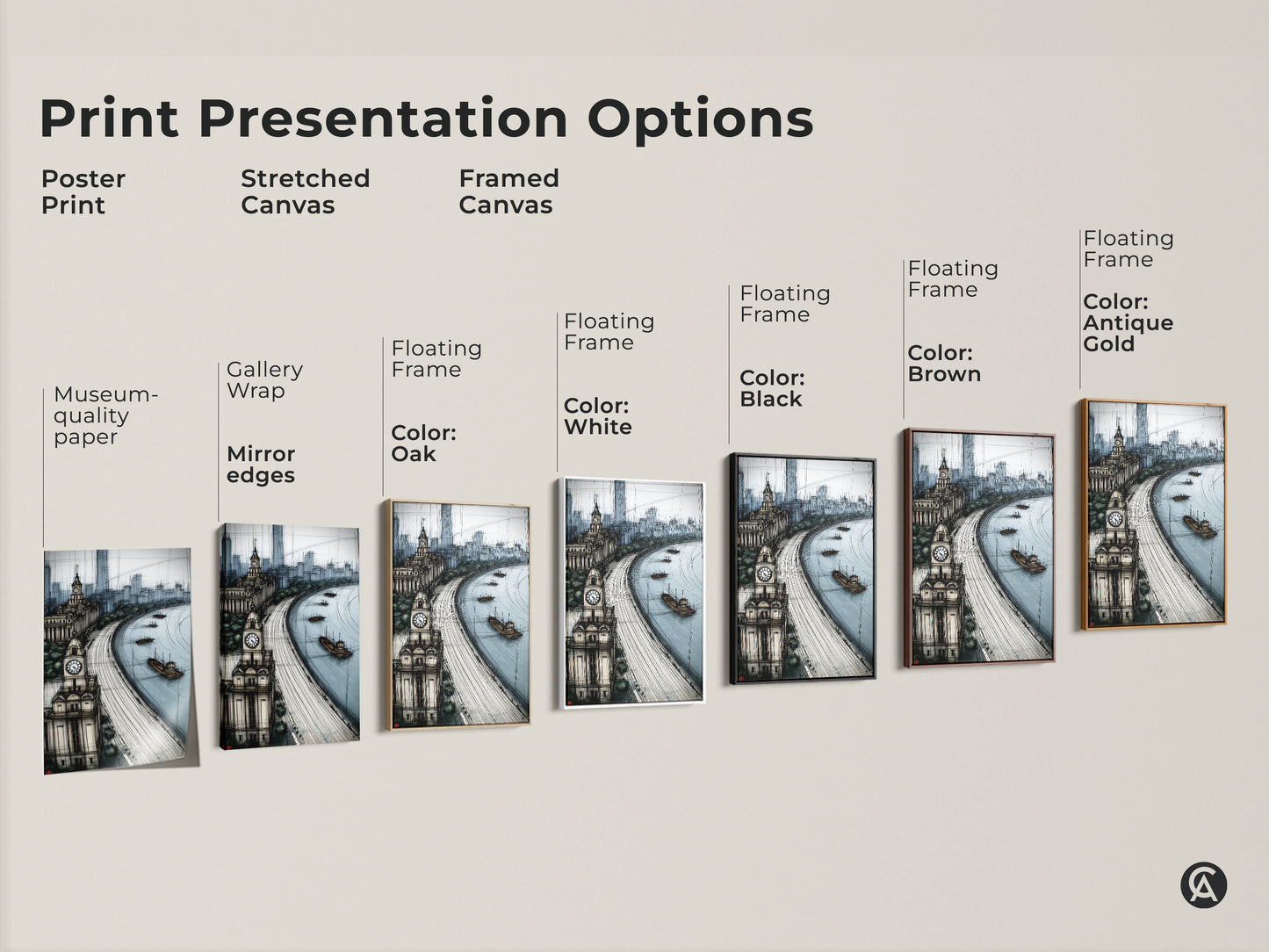 Explore print presentation options for a blue gray cityscape sketch artwork. Choose from poster print stretched canvas or framed canvas. Each option showcases the river clock tower and modern architectural art.