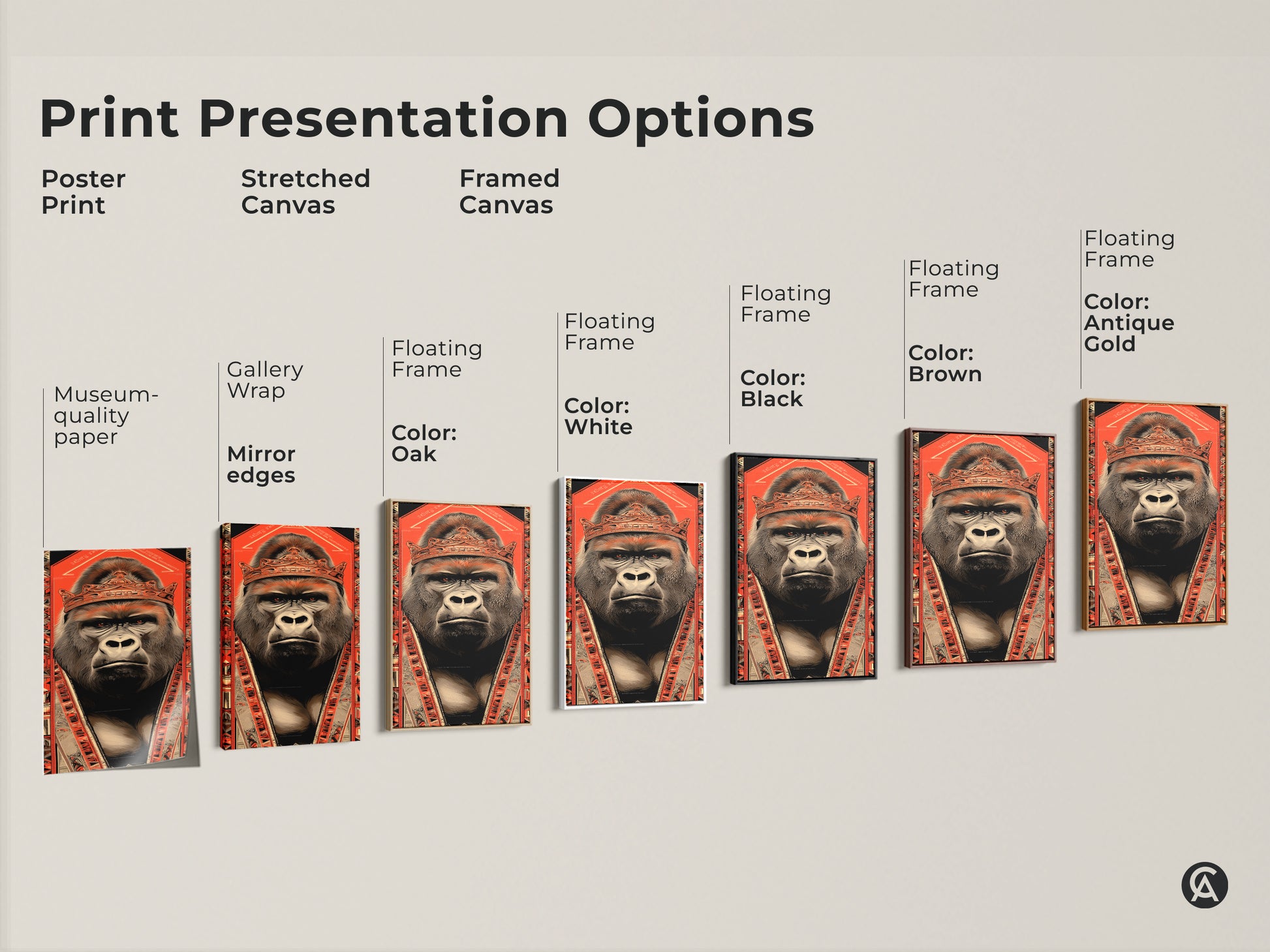 Explore print presentation options for the gorilla king art. Choose from poster prints stretched canvas and framed canvas. Various frame colors like black brown antique gold and white are displayed. Find the perfect style to showcase this bold tribal pattern animal artwork. Elevate your wall decor today.