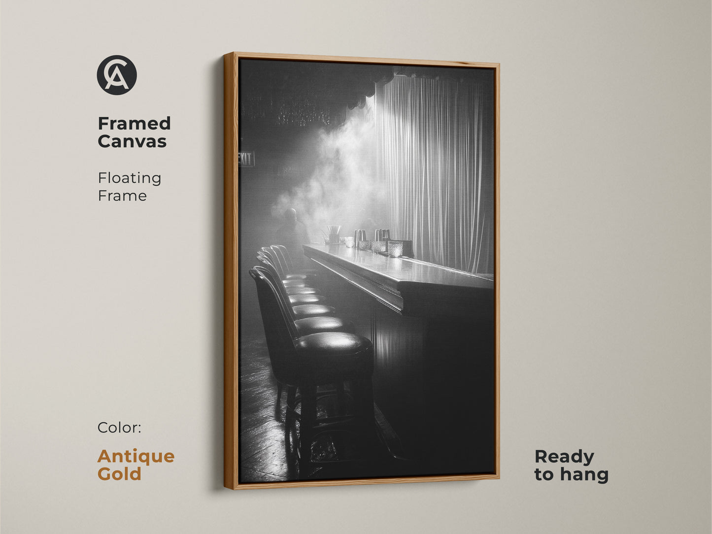 Framed canvas print of a monochrome bar. This floating frame is antique gold and ready to hang. The cinematic scene offers industrial decor. It's a black and white artwork for a lounge. This is perfect for home bar art.