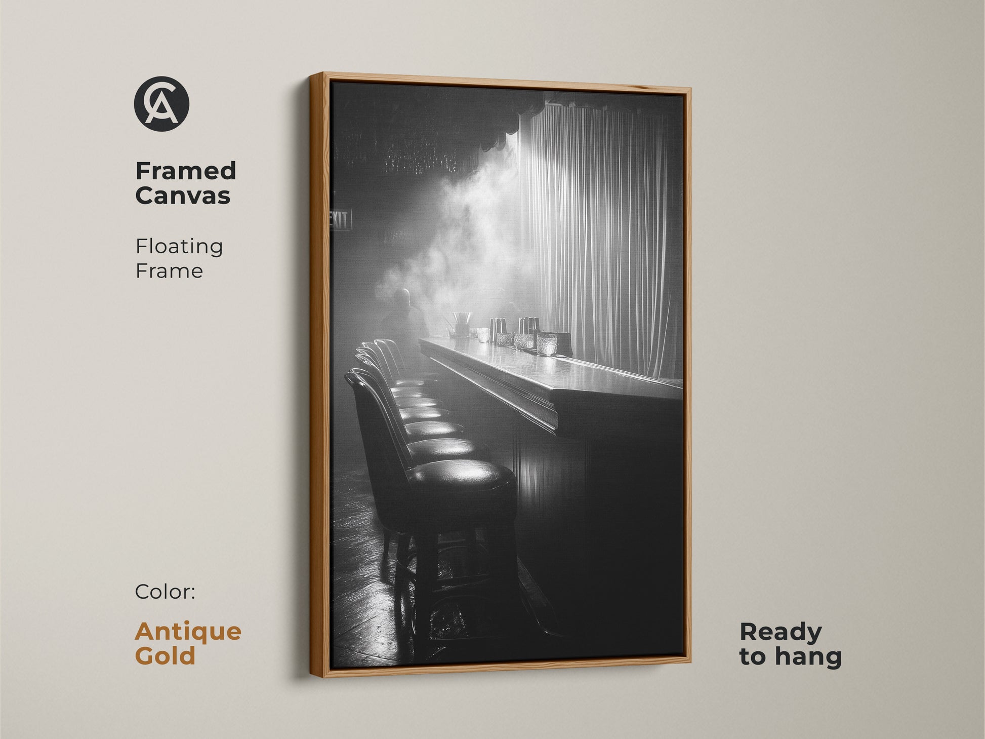 Framed canvas print of a monochrome bar. This floating frame is antique gold and ready to hang. The cinematic scene offers industrial decor. It's a black and white artwork for a lounge. This is perfect for home bar art.
