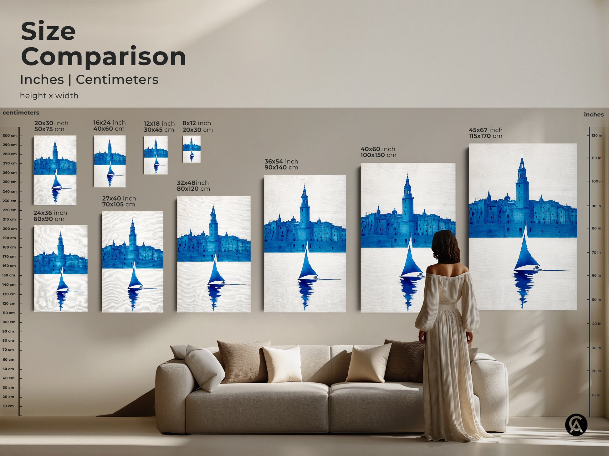 Size comparison of minimalist sailboat canvas prints. It is set against a living room backdrop to showcase dimensions. This cityscape silhouette art offers many size options for your space.