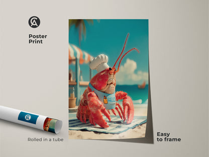Poster print of a chef lobster on a beach. The art shows a red lobster wearing a chef's hat and apron. The poster is easy to frame. The vibrant colors and whimsical subject make it a great addition to any room. Rolled in a tube for protection.