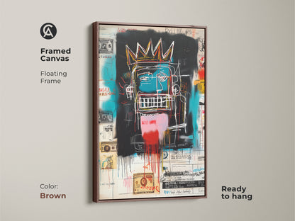 This is a framed canvas print of a Basquiat-inspired artwork. The floating frame is brown. The artwork features a crowned figure with graffiti elements. This is ready to hang art for your wall