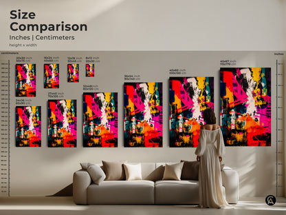 Size comparison of abstract art prints. See how different sizes look in a living room. Options range from small to extra large. Choose the ideal size for your space. Find the perfect art for your home decor. Transform your living space.