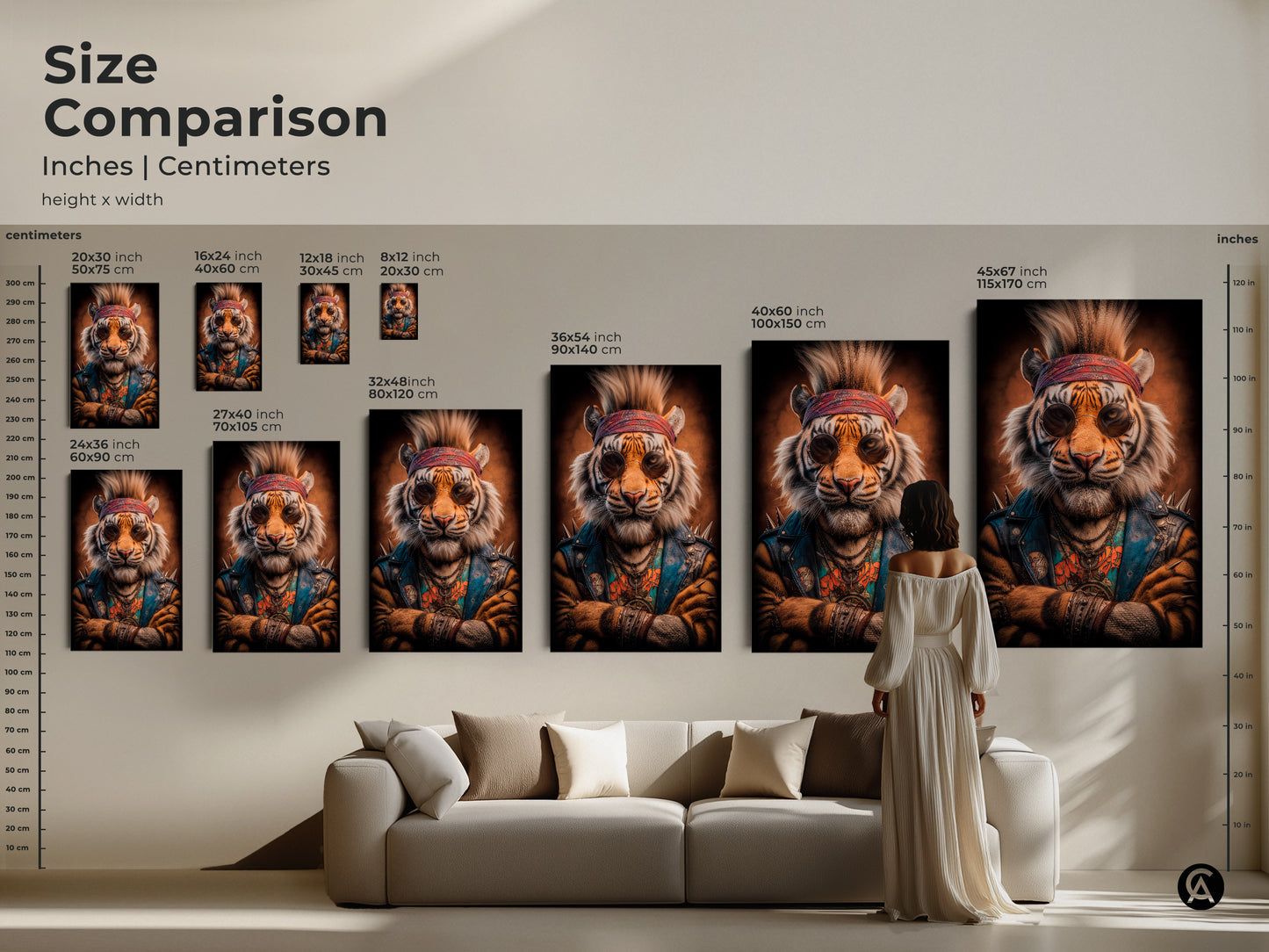 Size comparison of the rockstar tiger artwork in inches and centimeters. The orange and blue art comes in various sizes to suit any space. See how the urban style canvas print transforms a living room. It is the perfect eclectic touch for a man cave or music themed room.