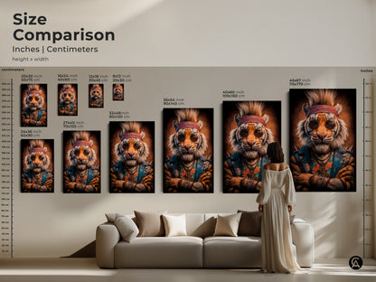 Size comparison of the rockstar tiger artwork in inches and centimeters. The orange and blue art comes in various sizes to suit any space. See how the urban style canvas print transforms a living room. It is the perfect eclectic touch for a man cave or music themed room.