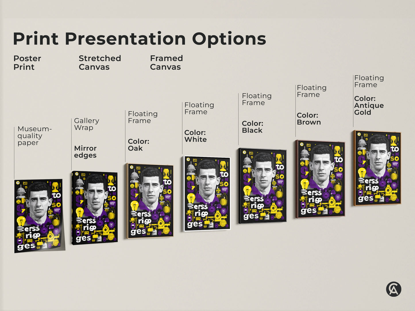 Print presentation options include poster print stretched canvas and framed canvas. Variety of frames and art styles. Modern office wall art contemporary style purple and yellow man portrait typography.