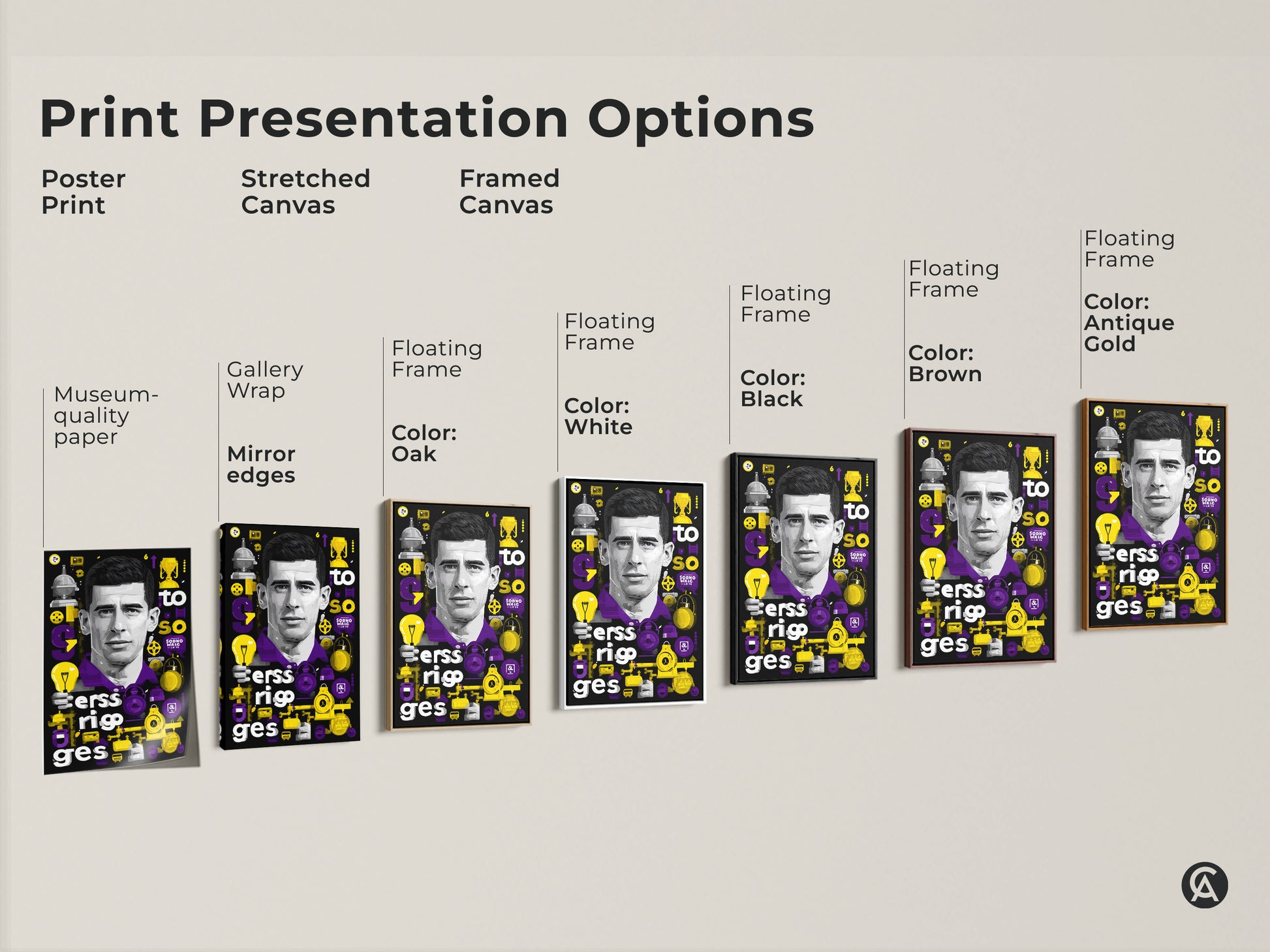 Print presentation options include poster print stretched canvas and framed canvas. Variety of frames and art styles. Modern office wall art contemporary style purple and yellow man portrait typography.