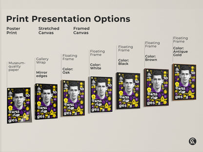 Print presentation options include poster print stretched canvas and framed canvas. Variety of frames and art styles. Modern office wall art contemporary style purple and yellow man portrait typography.