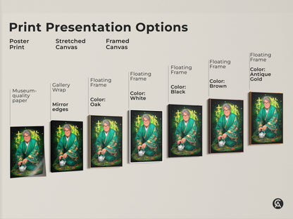 Explore zen portrait print presentation options. Choose from poster prints stretched canvases and framed canvas art. Different floating frame colors in white black brown oak and antique gold. Find the perfect emerald green kimono art piece.