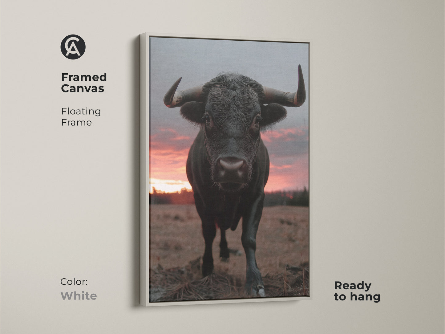 Framed canvas of a black bull with a floating frame. Ready to hang in white color. The photorealistic animal print complements any space. Ideal animal nature wall art for a modern home.