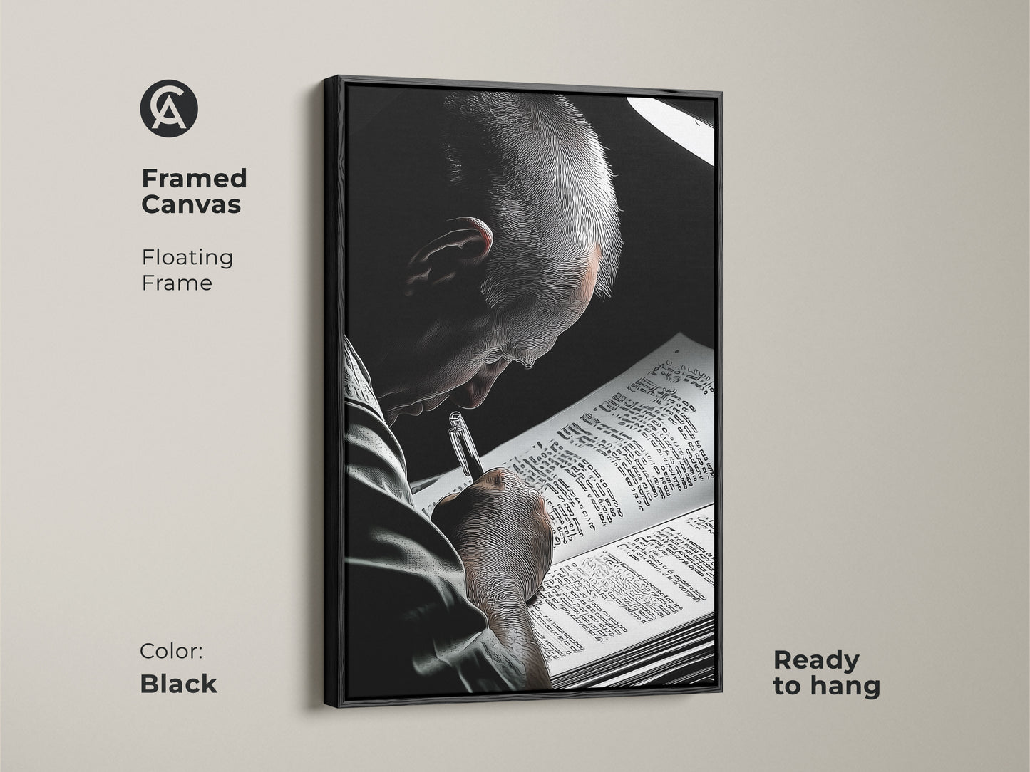 The framed canvas features black and white art of a man reading with a floating frame ready to hang. This contemporary artwork offers sophisticated wall art for any space. It is a wonderful book lover present and literature gift enhancing office art print. The print is ideal for academic wall art and monochrome artwork.