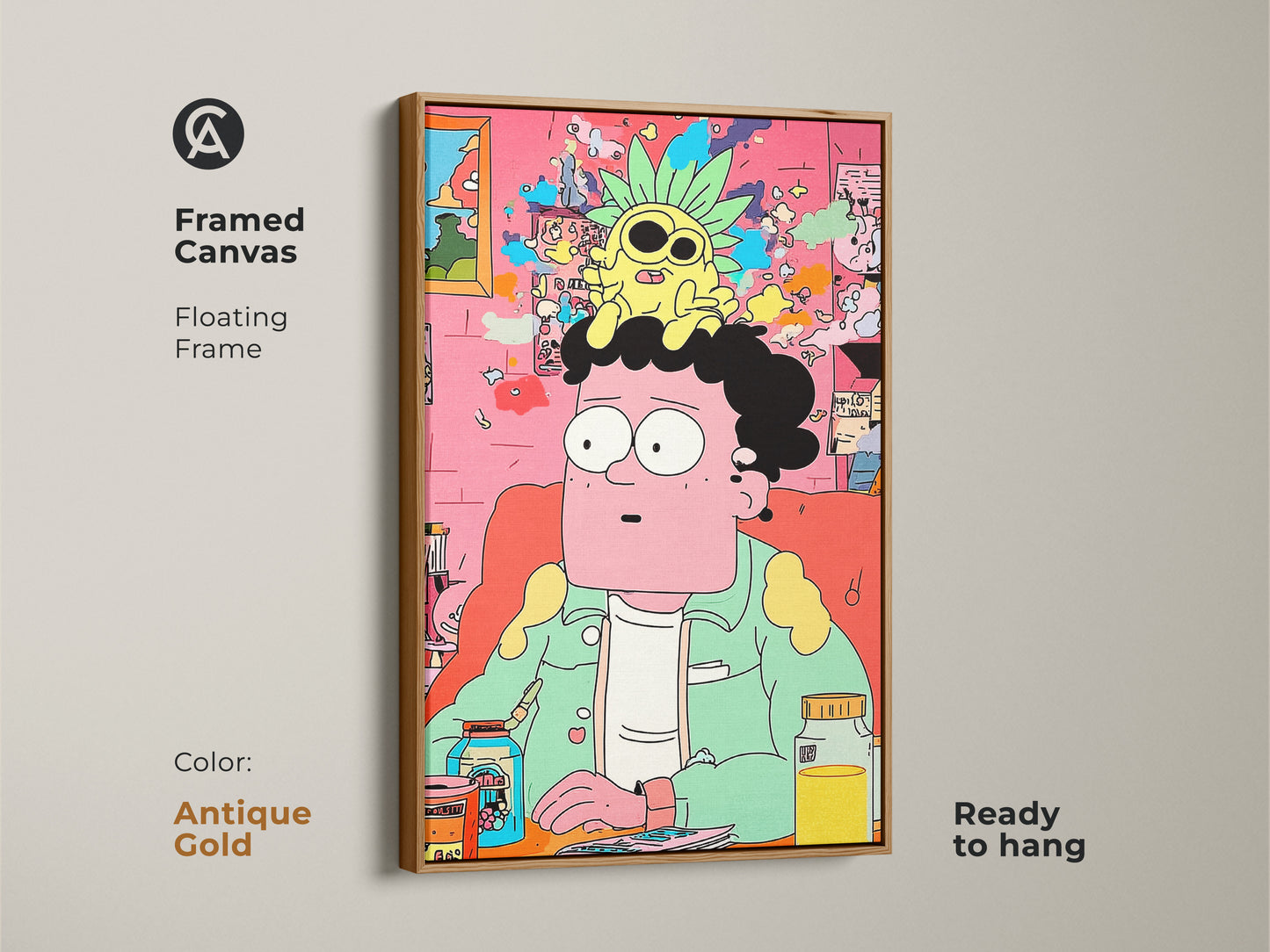 Framed canvas art in an antique gold floating frame. The cartoon art features a man with a pineapple. This modern piece is ready to hang. It will brighten any room with its quirky style.