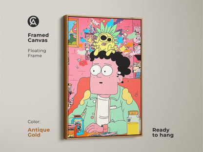 Framed canvas art in an antique gold floating frame. The cartoon art features a man with a pineapple. This modern piece is ready to hang. It will brighten any room with its quirky style.
