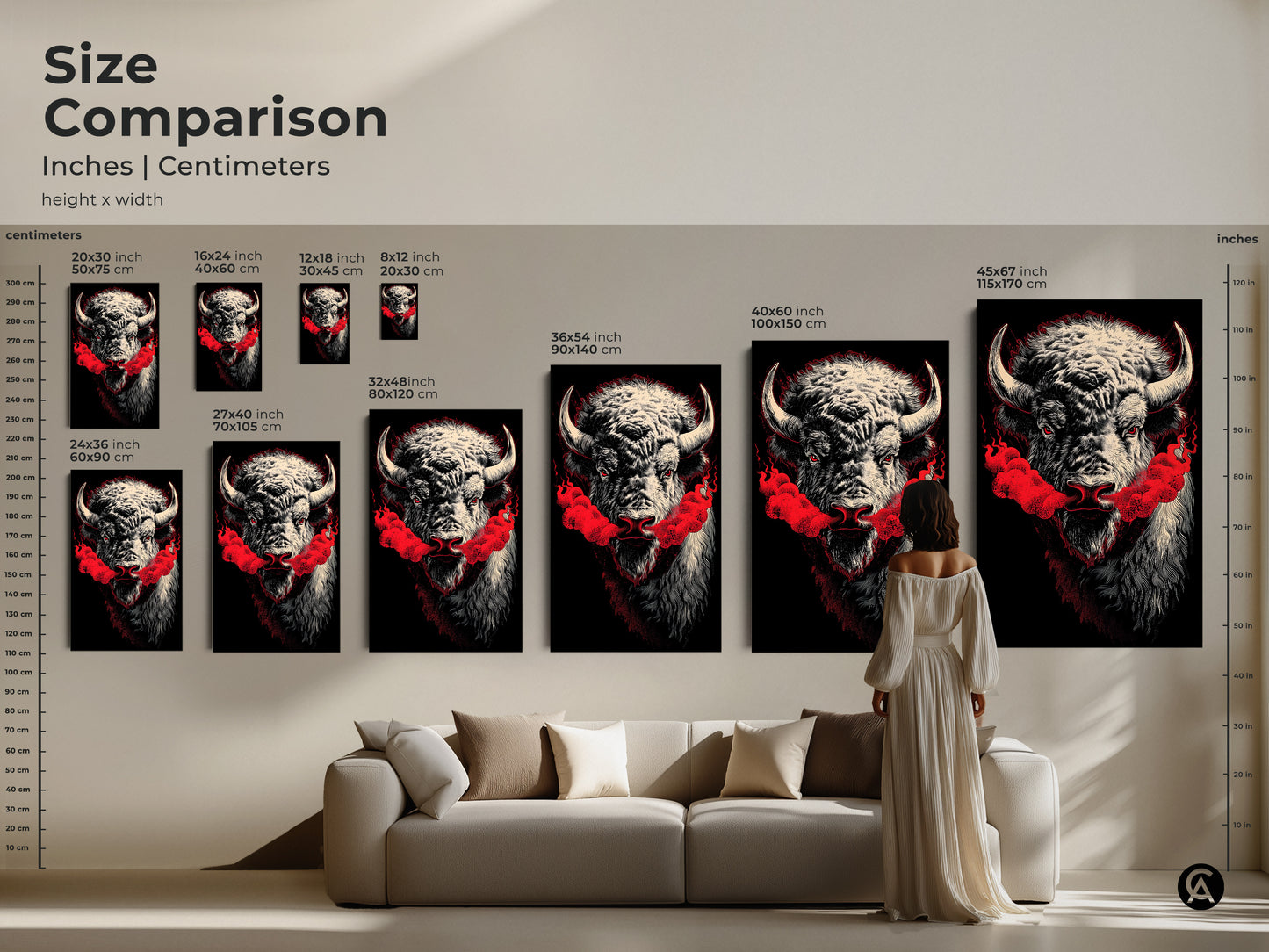 Size comparison for buffalo artwork. Inches and centimeters are shown. Sizes range from small to extra large. A model is shown for scale. Various sizes are on display above a sofa. Shop canvas and poster prints online now.