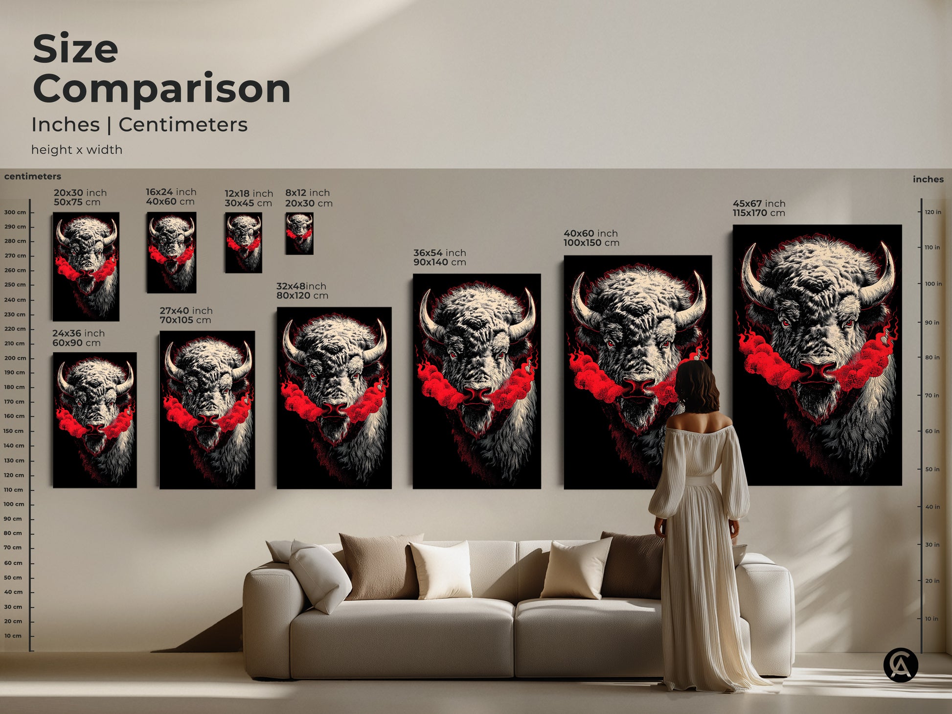 Size comparison for buffalo artwork. Inches and centimeters are shown. Sizes range from small to extra large. A model is shown for scale. Various sizes are on display above a sofa. Shop canvas and poster prints online now.