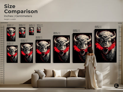 Size comparison for buffalo artwork. Inches and centimeters are shown. Sizes range from small to extra large. A model is shown for scale. Various sizes are on display above a sofa. Shop canvas and poster prints online now.