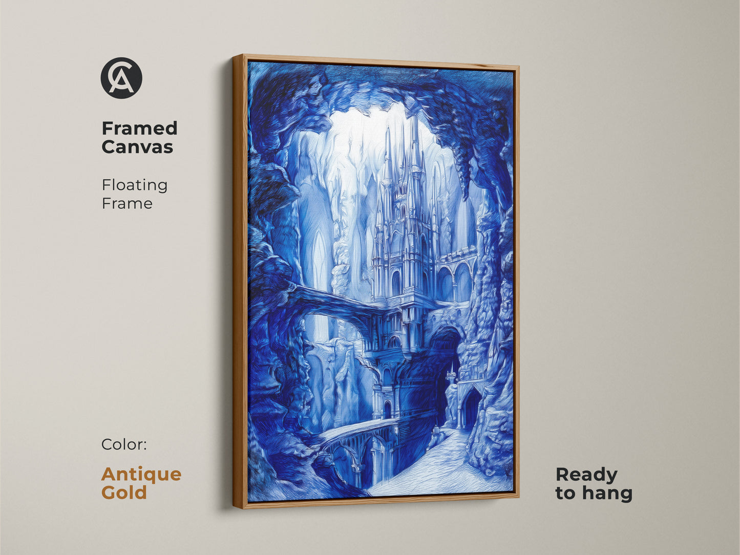 Framed canvas print featuring blue monochrome castle artwork. The art is displayed in an antique gold floating frame. This piece is ready to hang bringing a vintage and luxurious feel to any room.